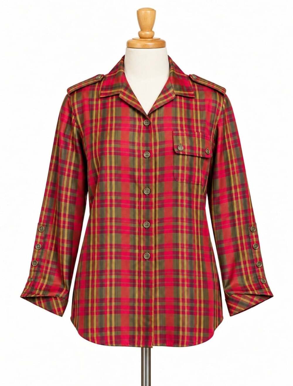 Diane Gilman 100% Silk Plaid Shirt Womens L Red Olive Tartan Button Up Utility